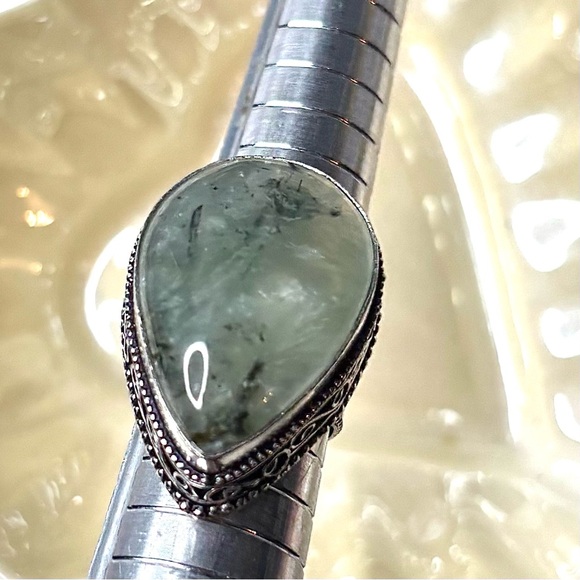 925 Sterling Silver Jewelry - Green Prehnite Natural Gemstone Sterling Silver Statement Ring